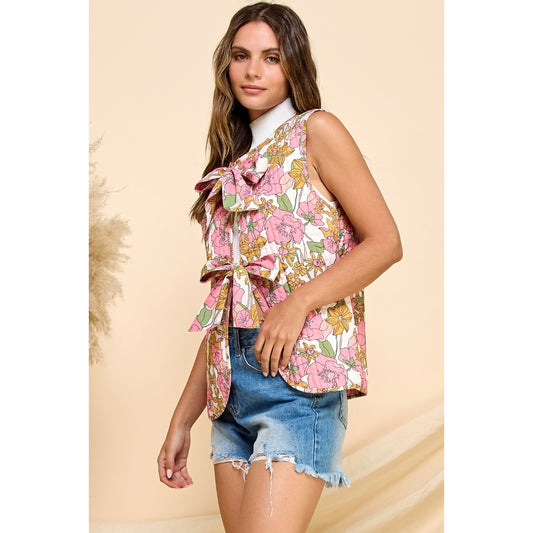 Quilt Ribbon Tie Vest - White Floral