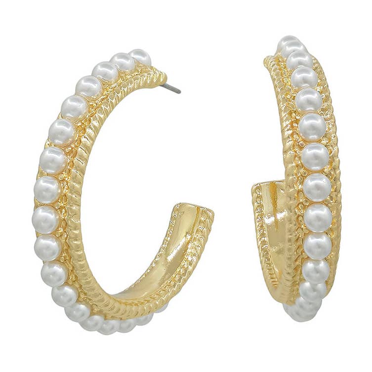Gold Textured 1" Hoop with Pearl Accents