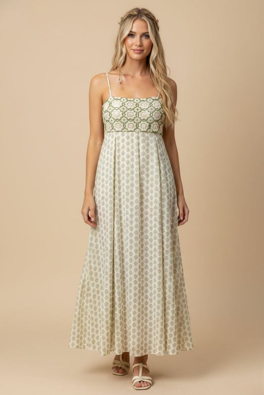 Green Floral Crochet Maxi Dress