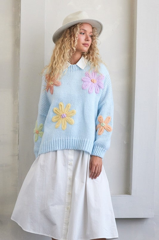 Blue Floral Knit Sweater