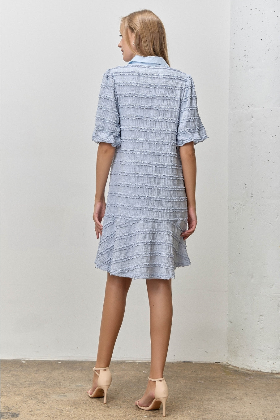 Textured Bubble Sleeve Contrast Collar Dress | Blue