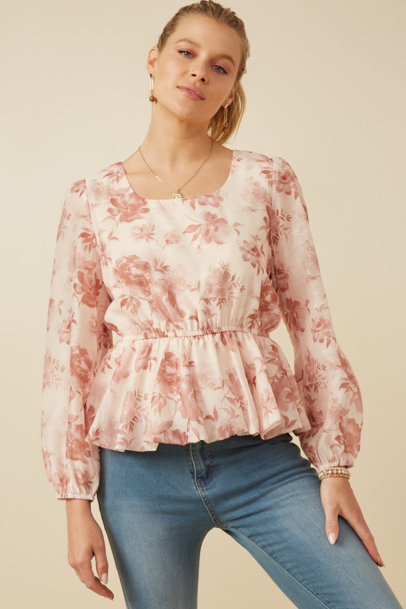 Satin Floral Long Sleeve Top