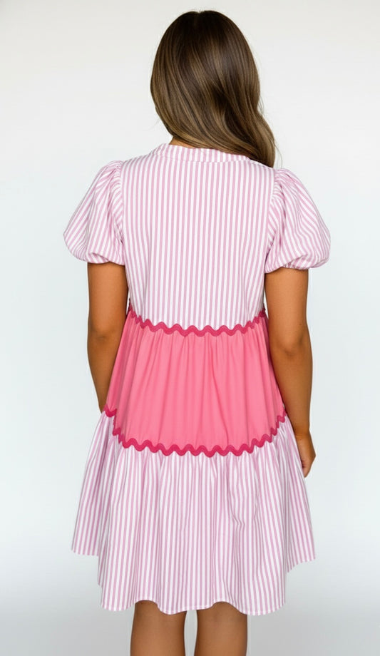 Striped Ric Rac Dress - Pink