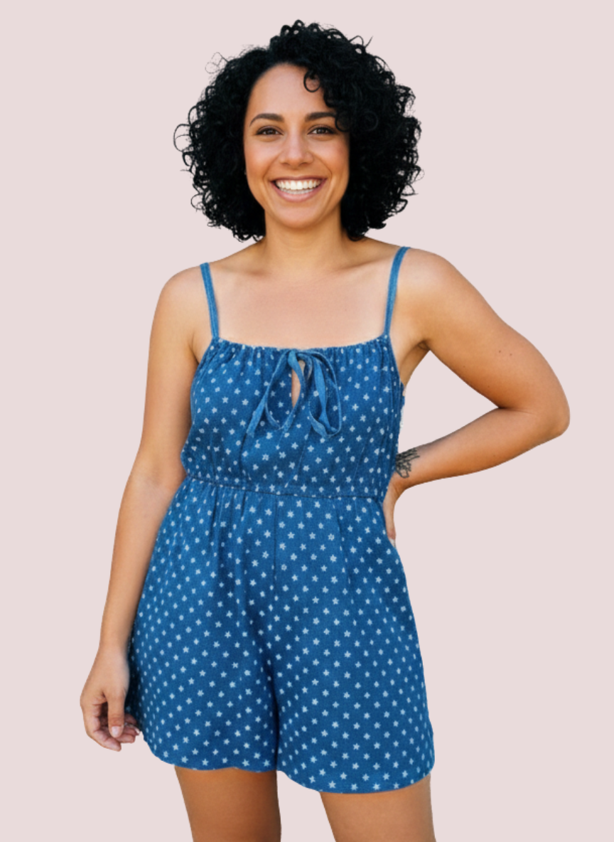 Denim Floral Key-Hole Tie Romper