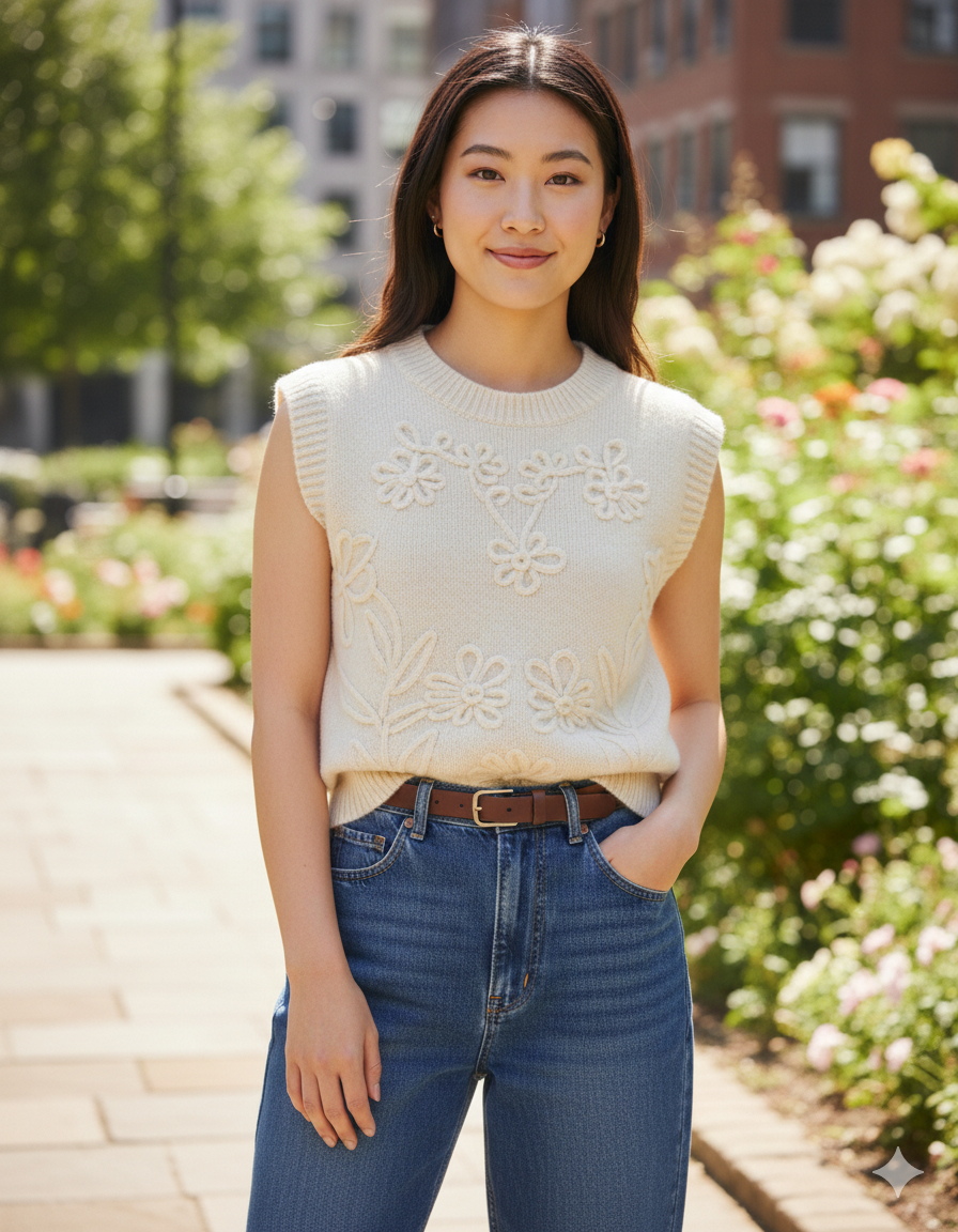 White Floral Sweater Vest