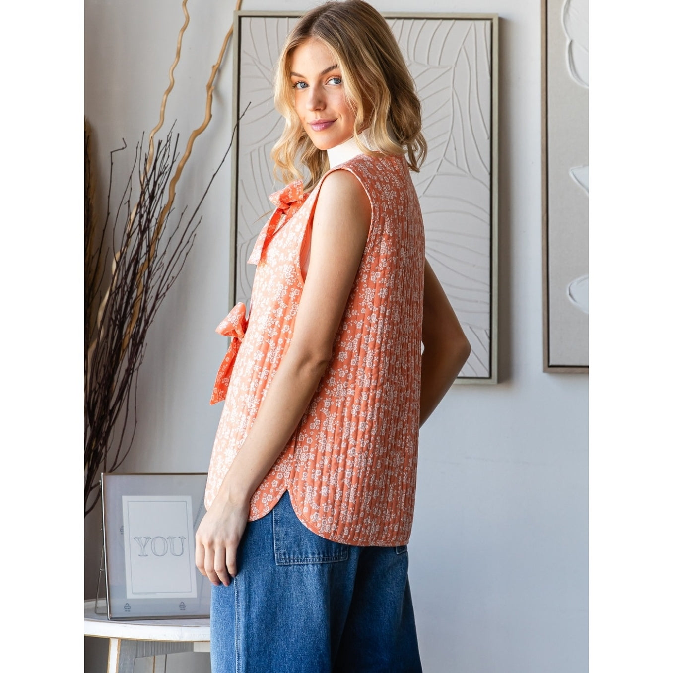 Quilt Ribbon Tie Vest | Peach