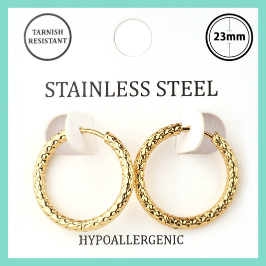 Stainless Steel Gold Ribbed 1" Hoop Earrings