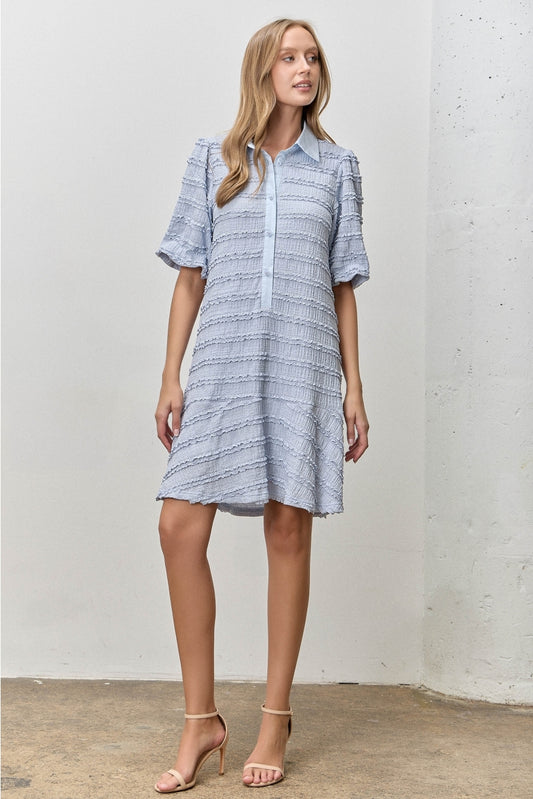 Textured Bubble Sleeve Contrast Collar Dress | Blue