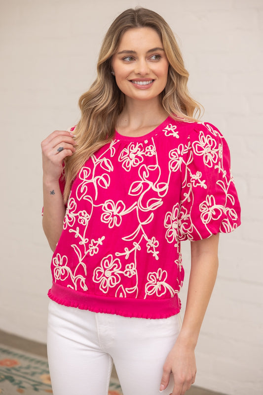 Embroidered Bubble Sleeve Top