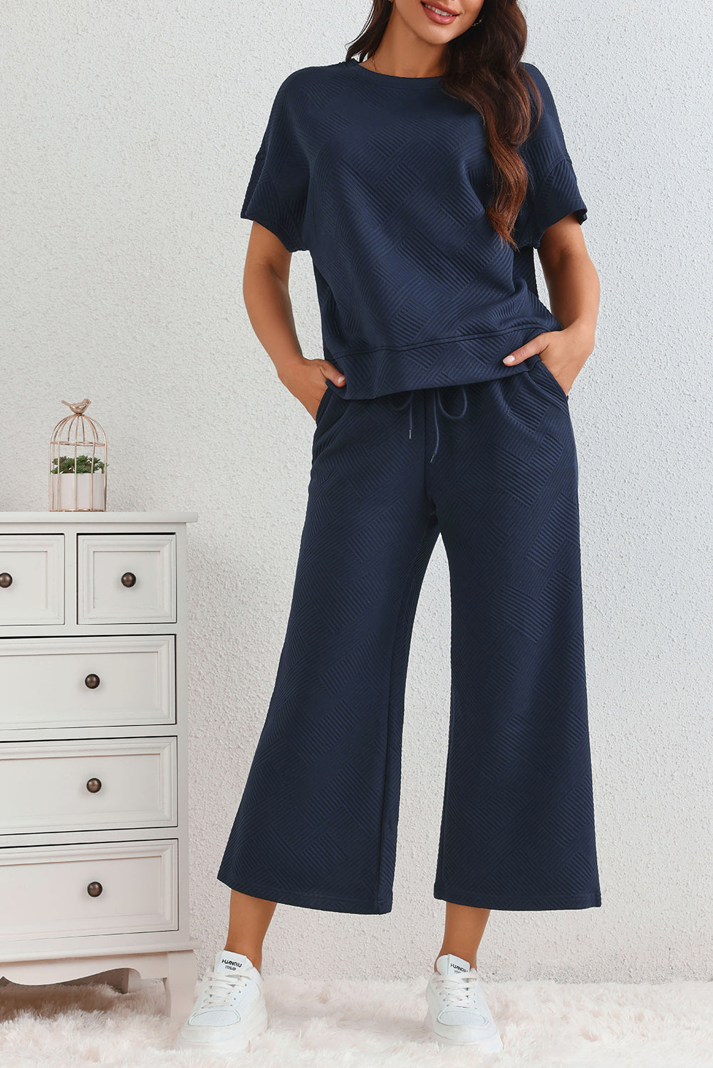 Textured Loose T Shirt and Drawstring Pants Set | Navy