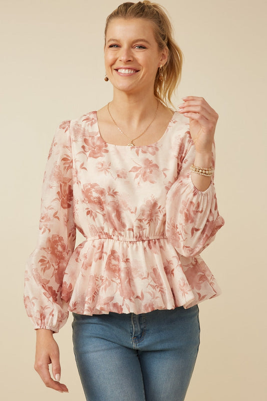 Satin Floral Long Sleeve Top
