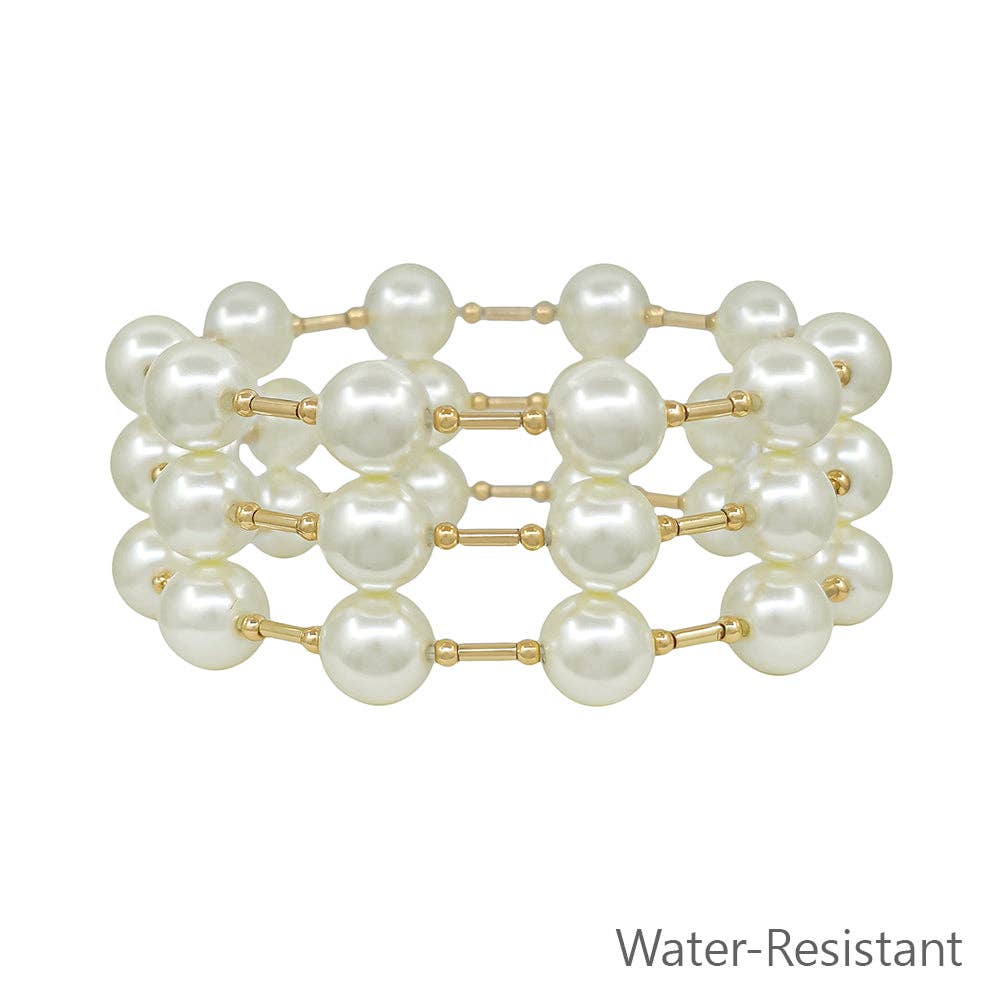 Water Resistant | Set of 3 Gold Bar with 10mm Pearl Beaded Stretch