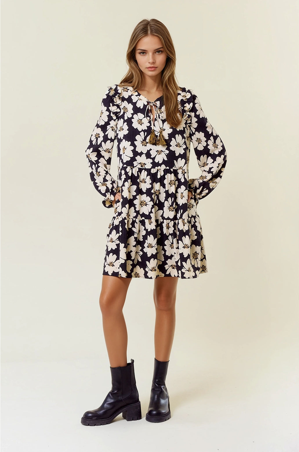 Floral Print Tiered Mini Dress | Black