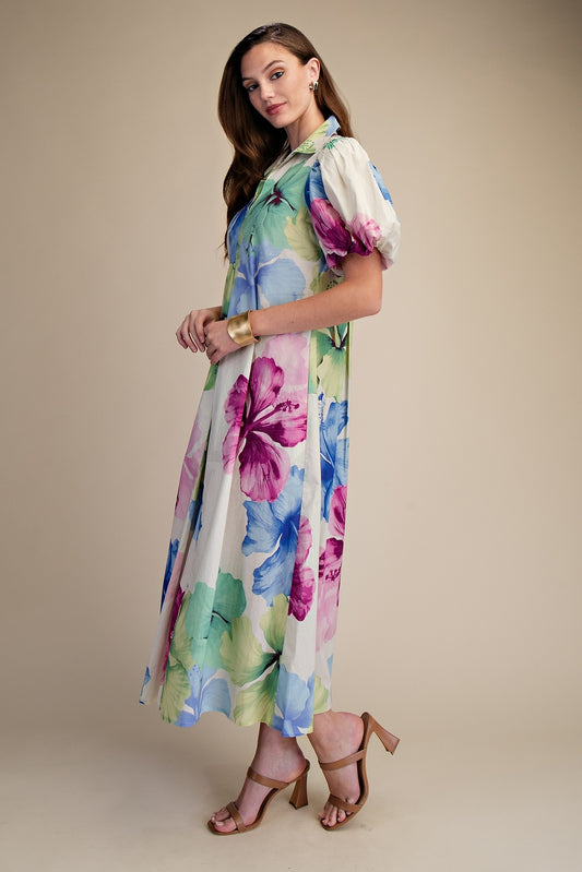 Collar V-Neck Pleated Midi Dress