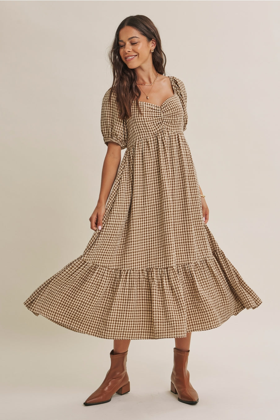 Babydoll Plaid Smocked Midi Dress