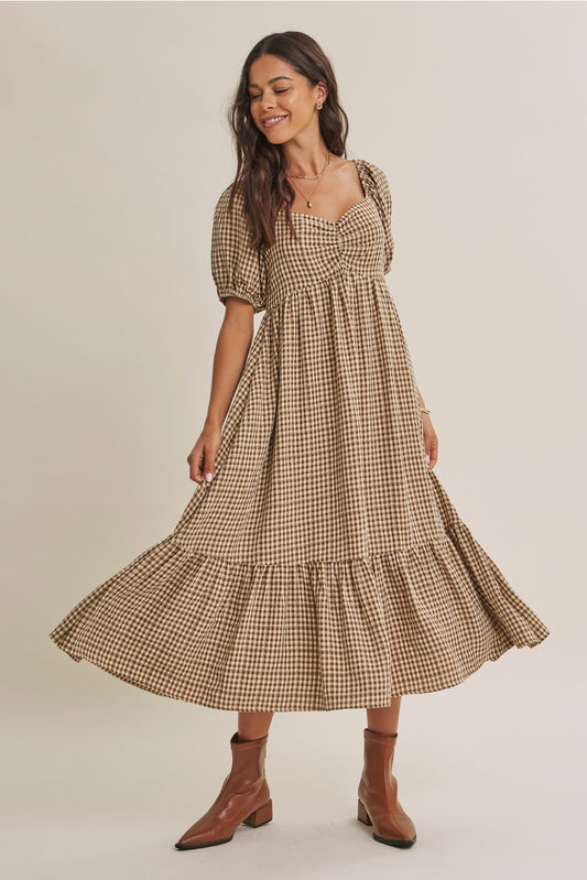 Babydoll Plaid Smocked Midi Dress