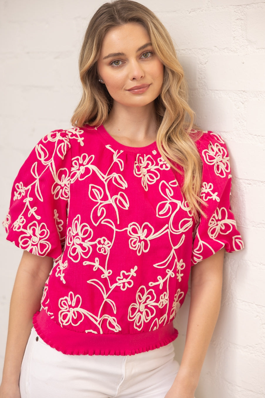 Embroidered Bubble Sleeve Top