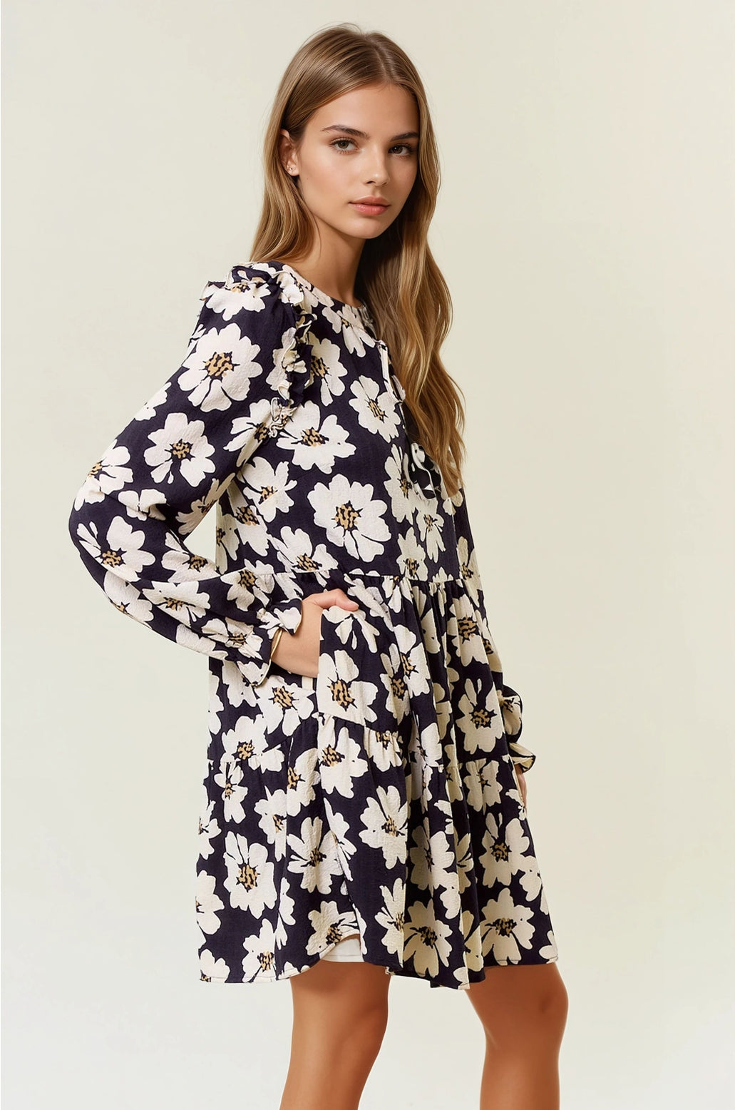 Floral Print Tiered Mini Dress | Black