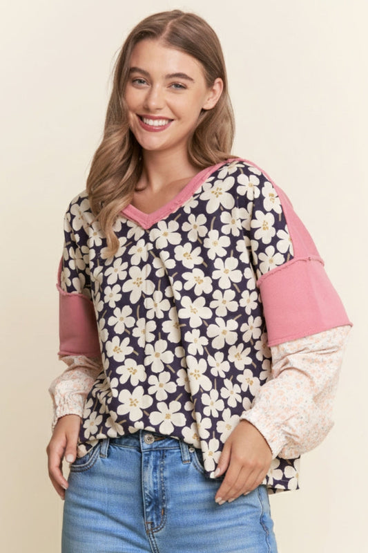 Mixed Fabric Long Sleeve Top
