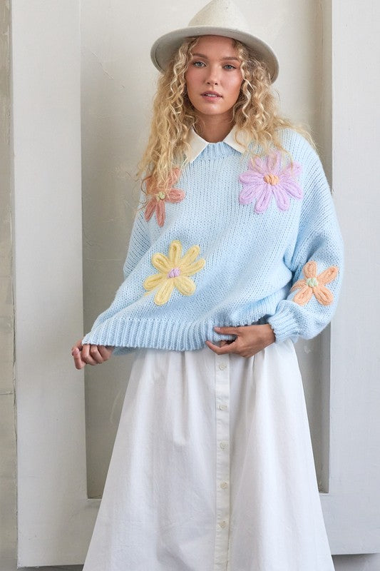 Blue Floral Knit Sweater