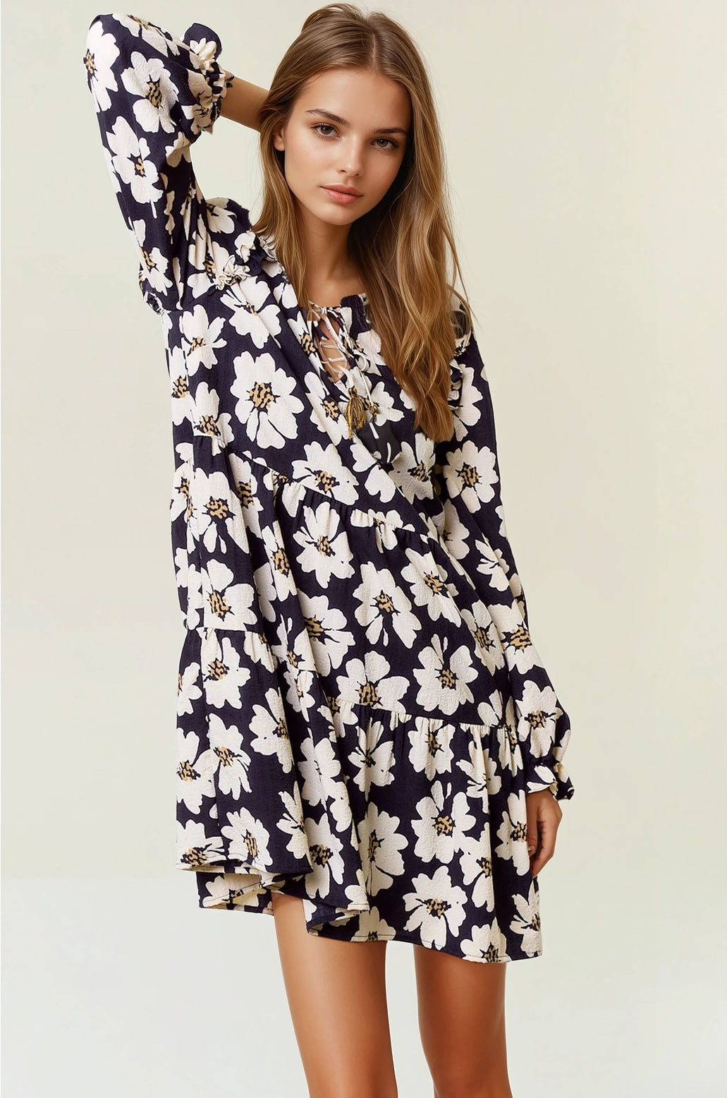 Floral Print Tiered Mini Dress | Black