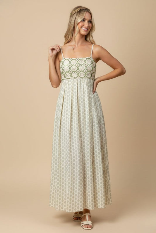 Green Floral Crochet Maxi Dress