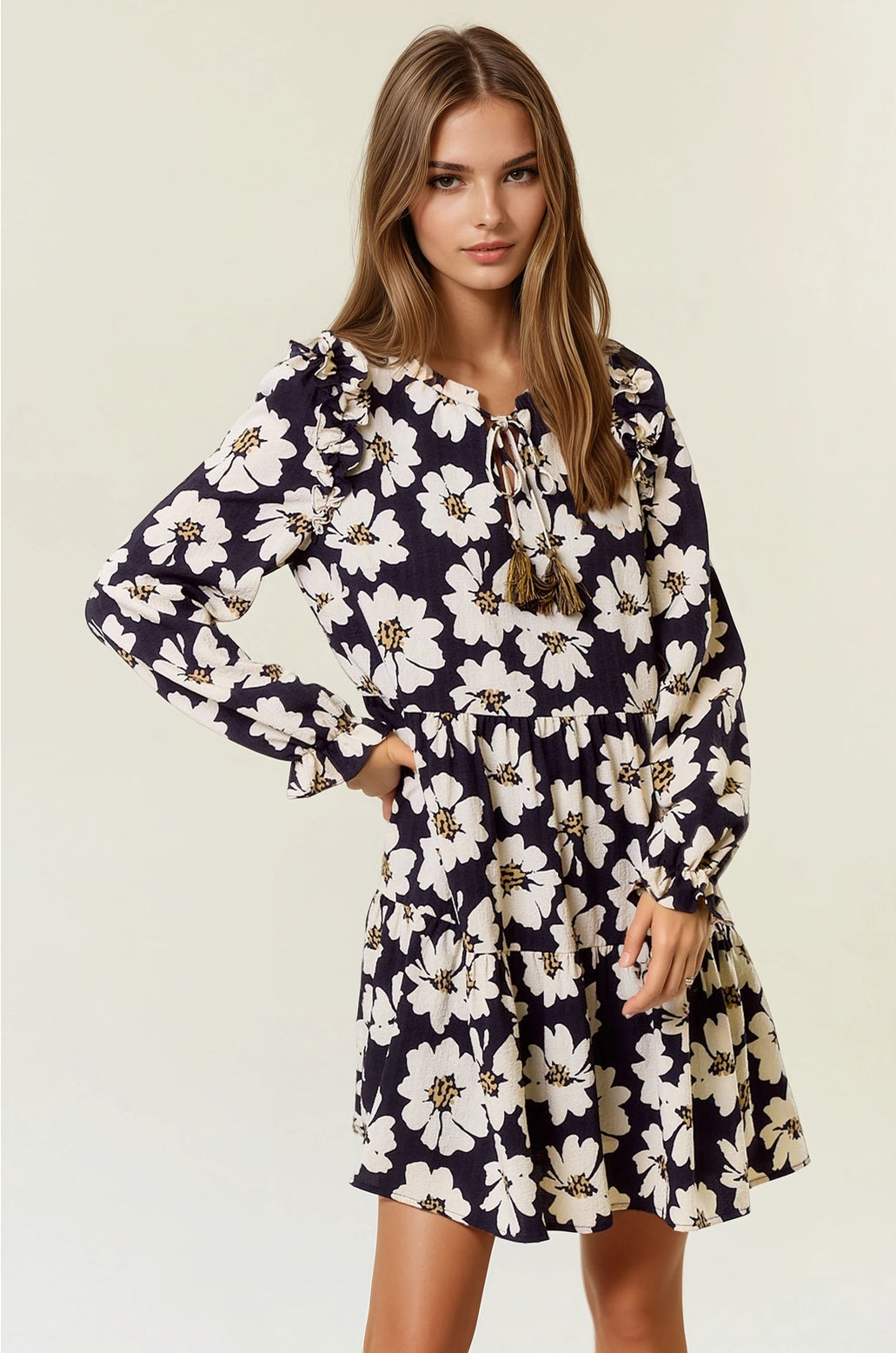 Floral Print Tiered Mini Dress | Black
