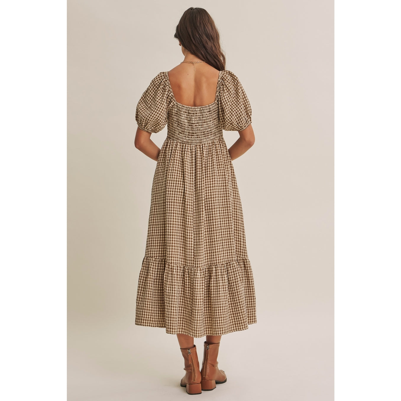Babydoll Plaid Smocked Midi Dress