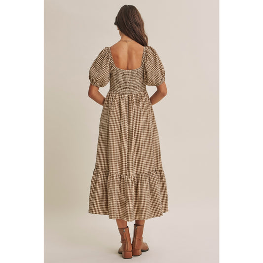 Babydoll Plaid Smocked Midi Dress