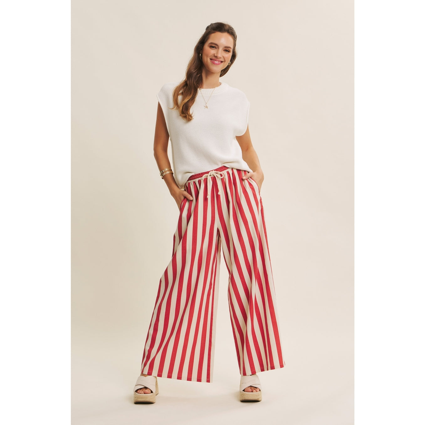 Coastal Linen Blend Wide Leg Pants | Red