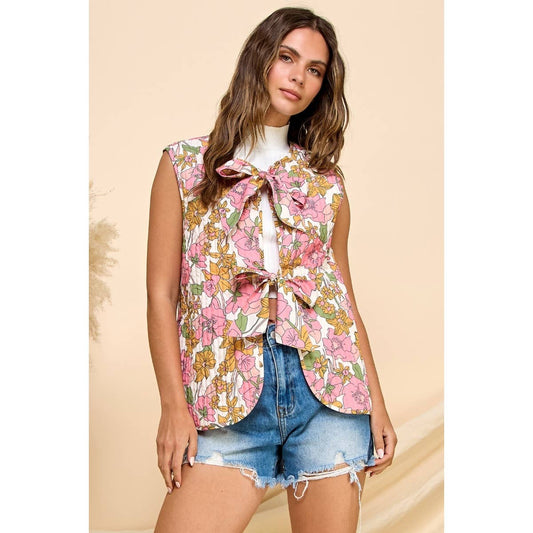 Quilt Ribbon Tie Vest | White Floral