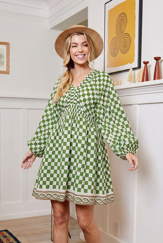 Checkerboard Print A-Line Mini Dress