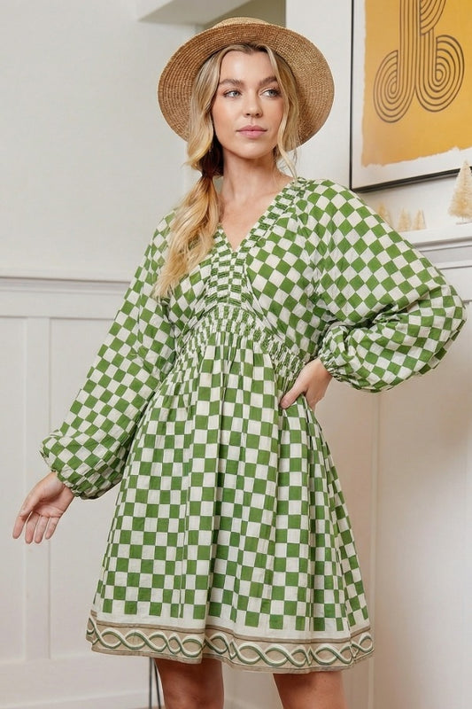 Checkerboard Print A-Line Mini Dress