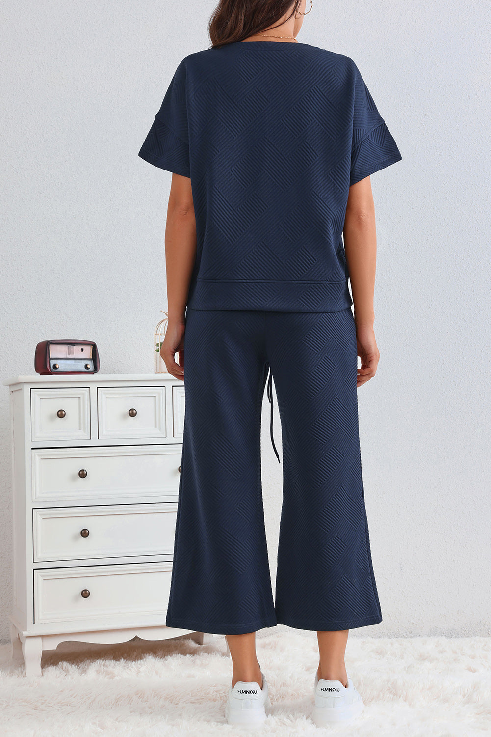 Textured Loose T Shirt and Drawstring Pants Set | Navy