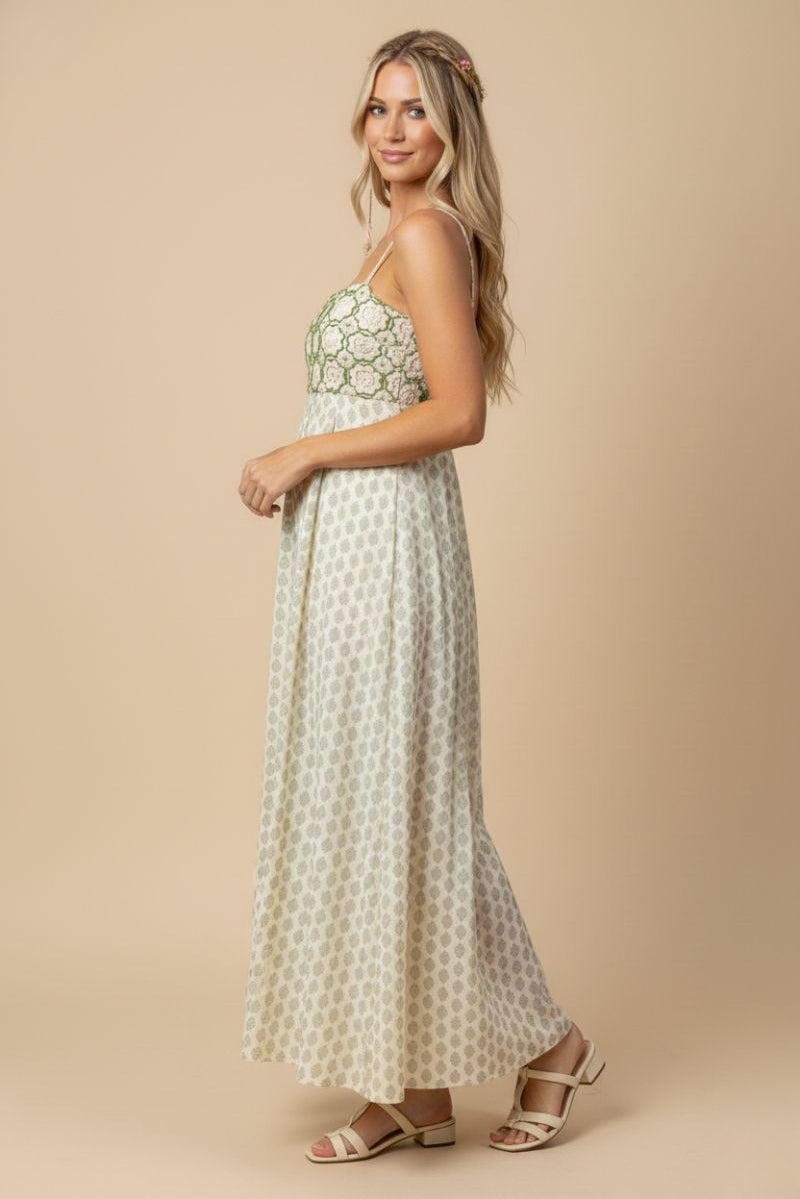 Green Floral Crochet Maxi Dress