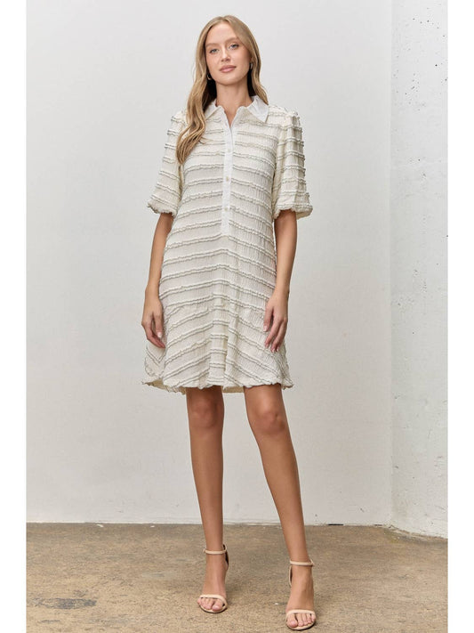 Textured Bubble Sleeve Contrast Collar Dress | White