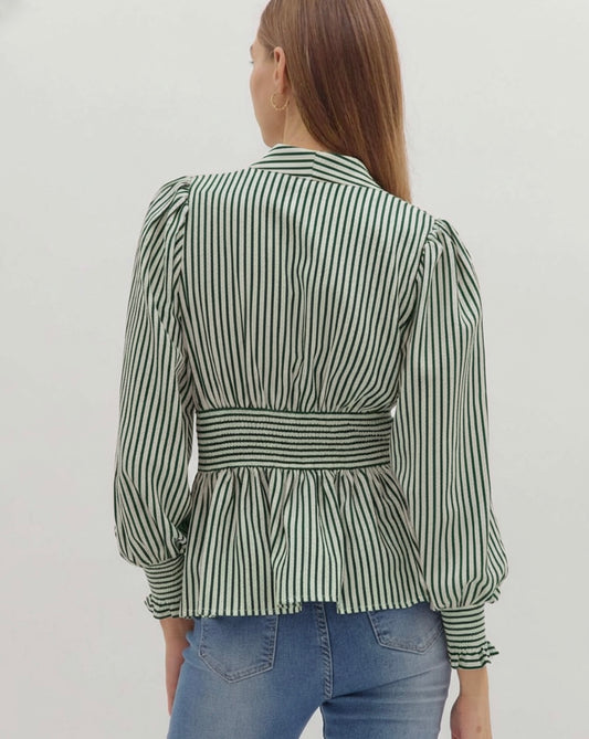 Green/Cream Stripped Zip Front Top