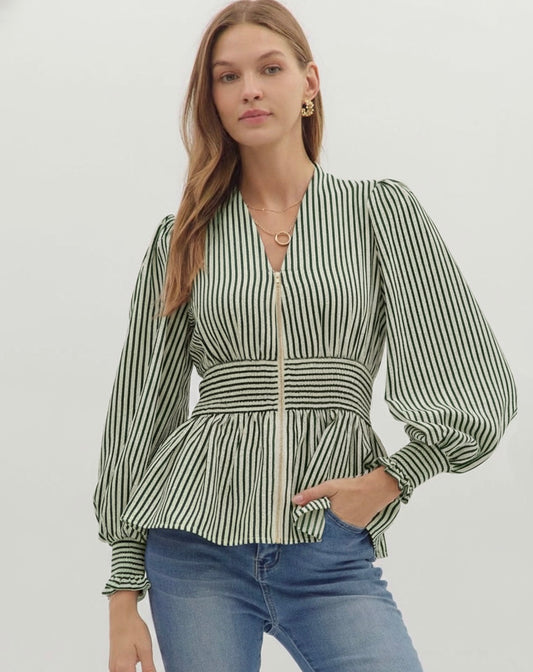 Green/Cream Stripped Zip Front Top