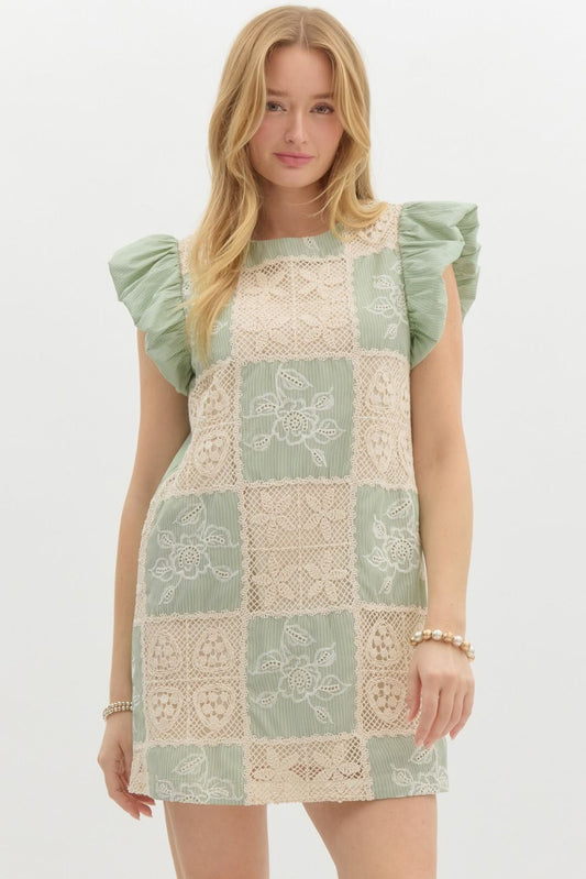 Crochet Panel Round Neck Pullover Mini Dress