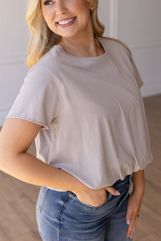 Bubble Hem Crew Neck Top - Taupe