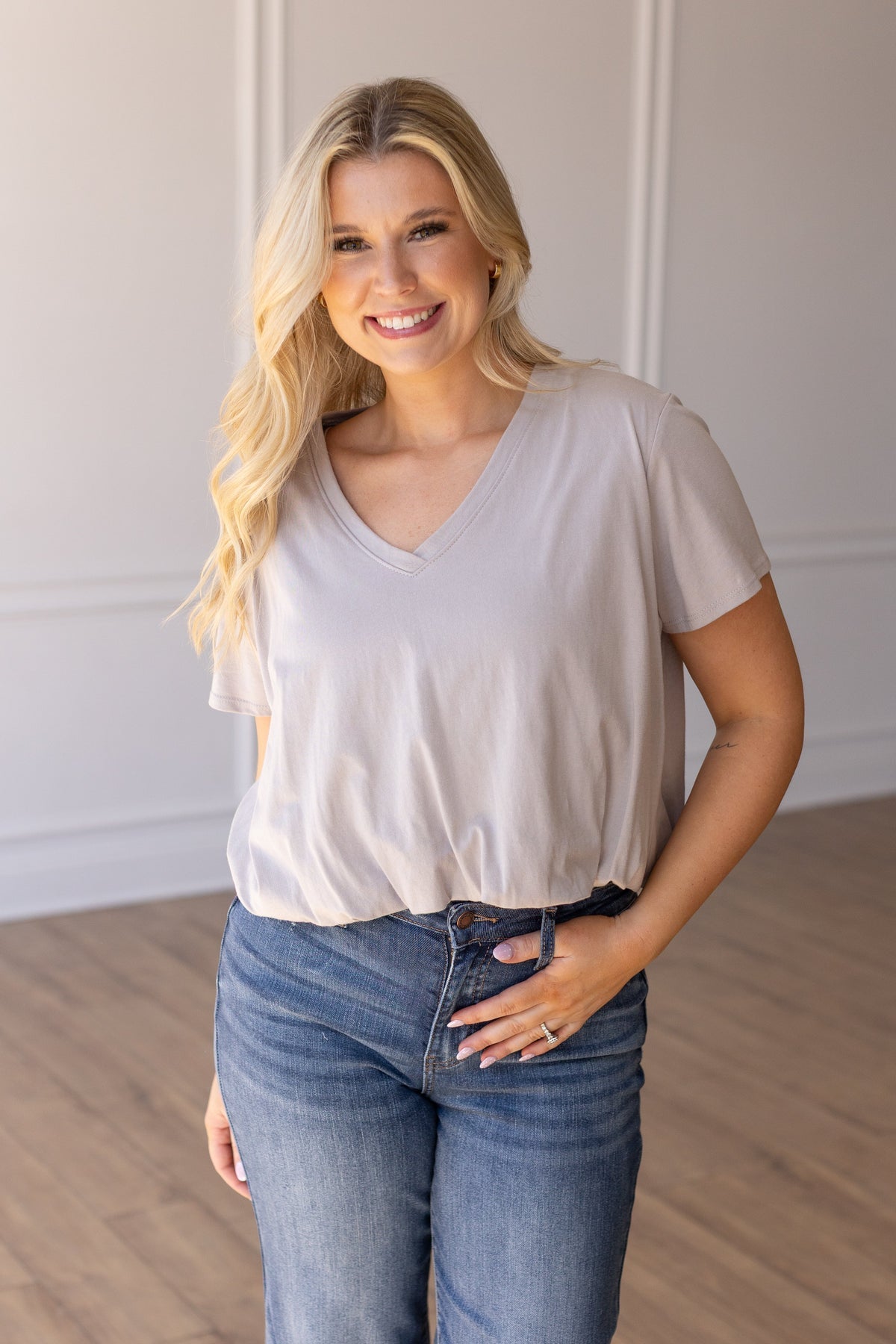 Taupe V-Neck Bubble Hem Tee