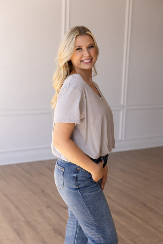 Bubble Hem V-Neck Top - Taupe