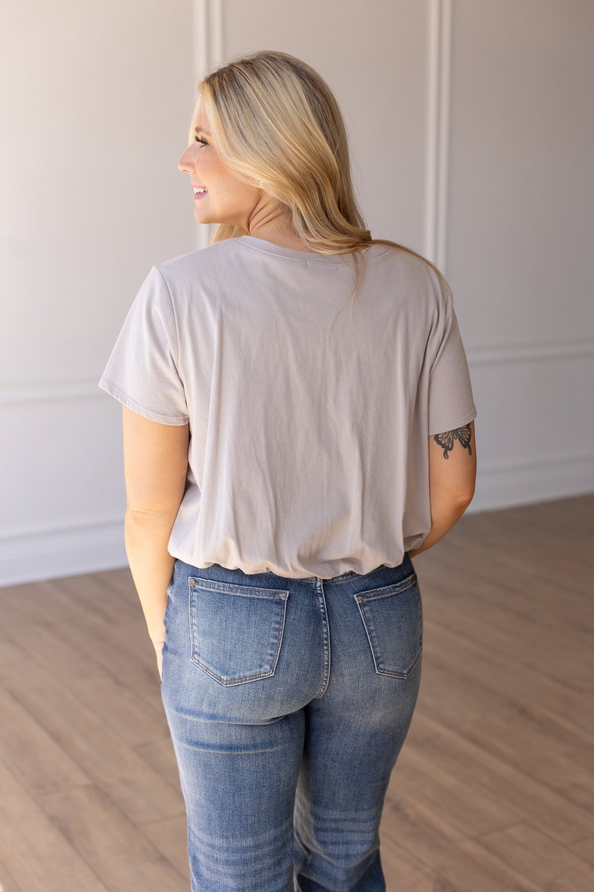 Taupe V-Neck Bubble Hem Tee