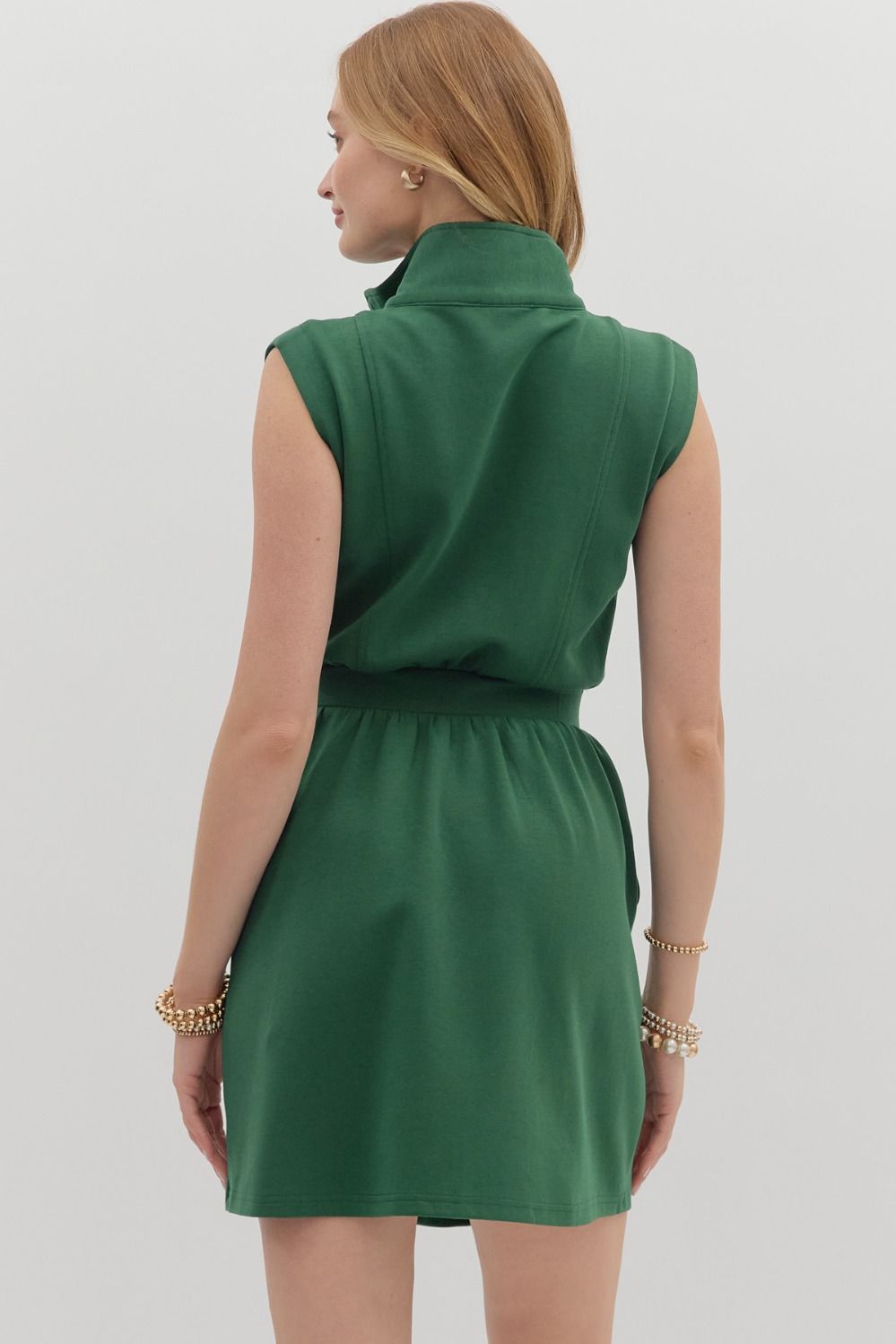 Green Solid Zip-Up Dress