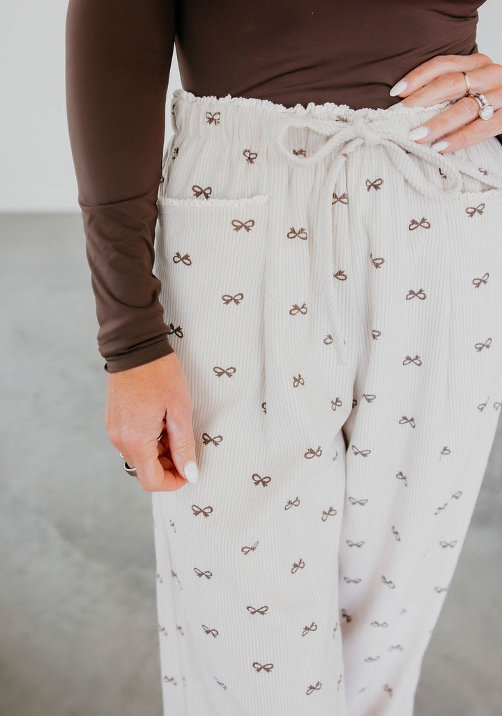 Cream Corduroy Bow Print Pants