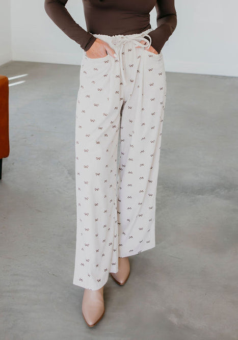 Cream Corduroy Bow Print Pants