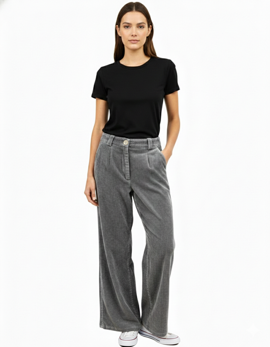 Grey Corduroy Wide-Leg Pants