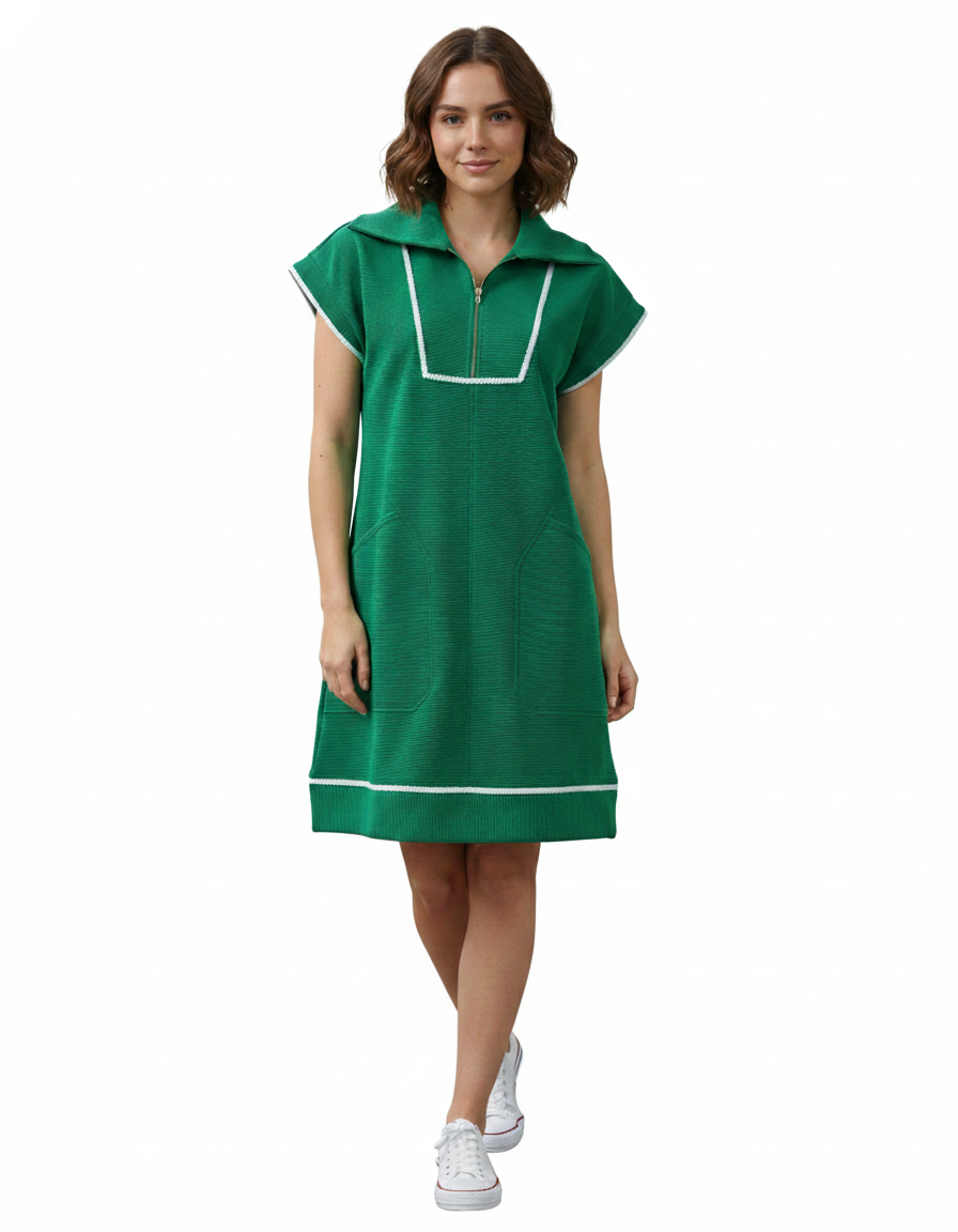 Green Quarter Zip Textured Dress