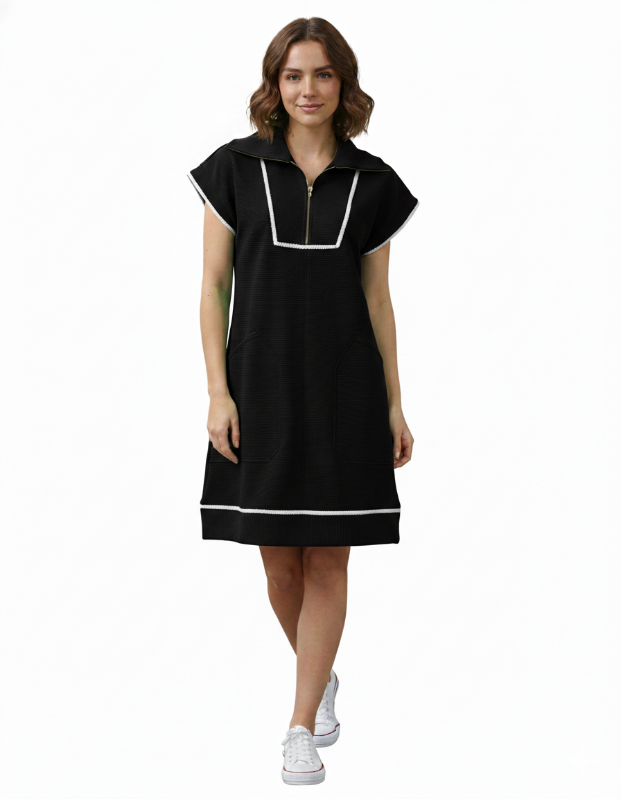 Black Quarter Zip Textured Dress
