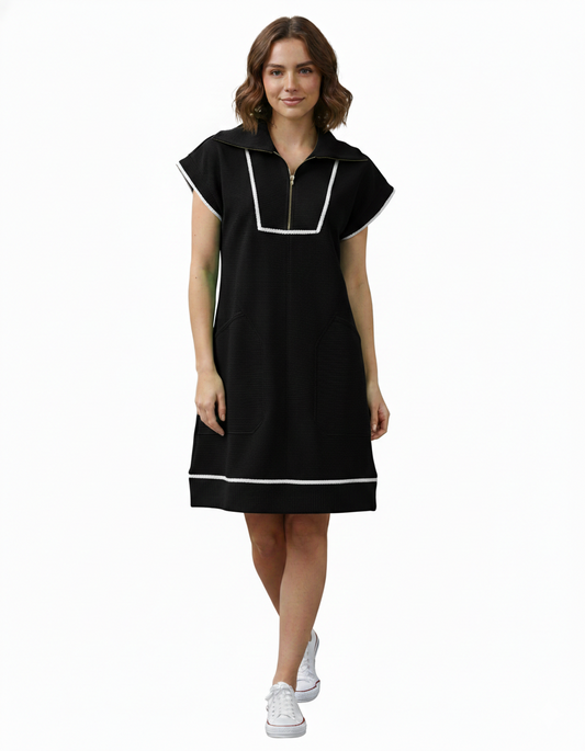 Black Quarter Zip Textured Dress